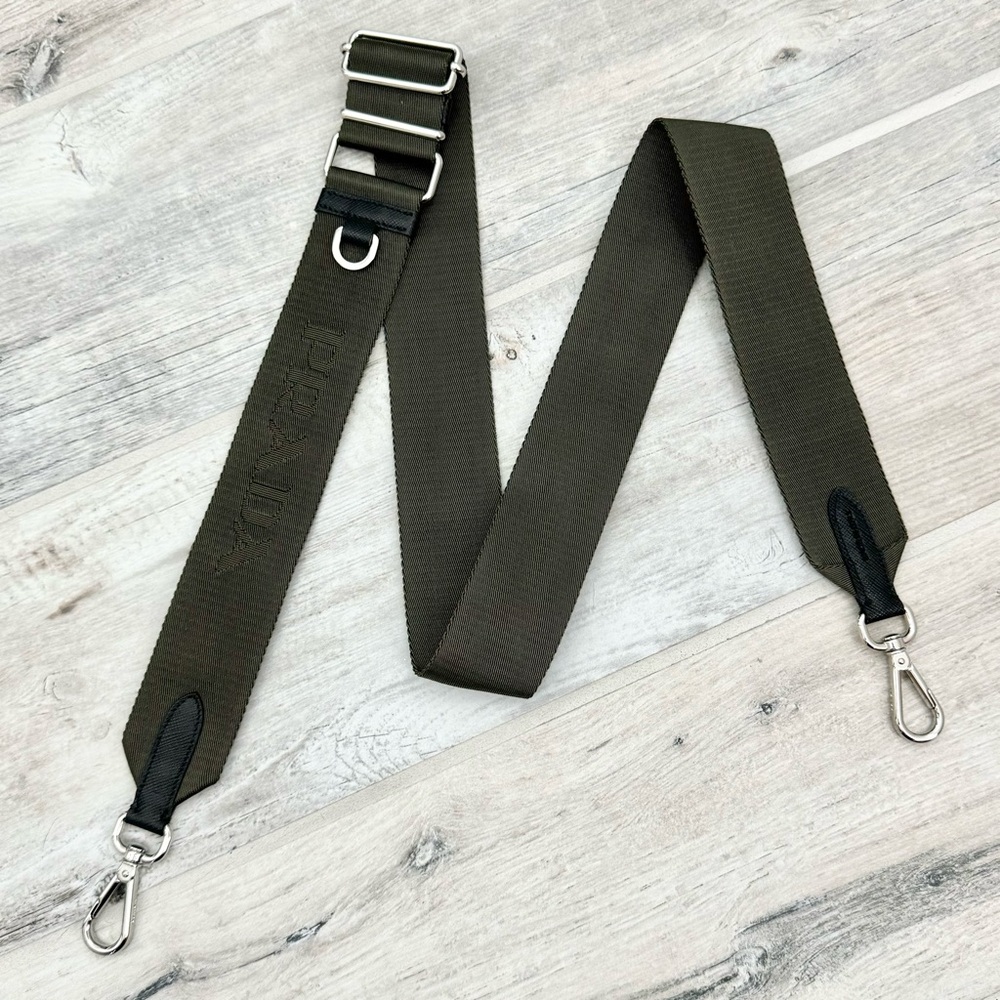 Prada Green Canvas Logo Black Saffiano Leather Trim Adjustable Shoulder Strap